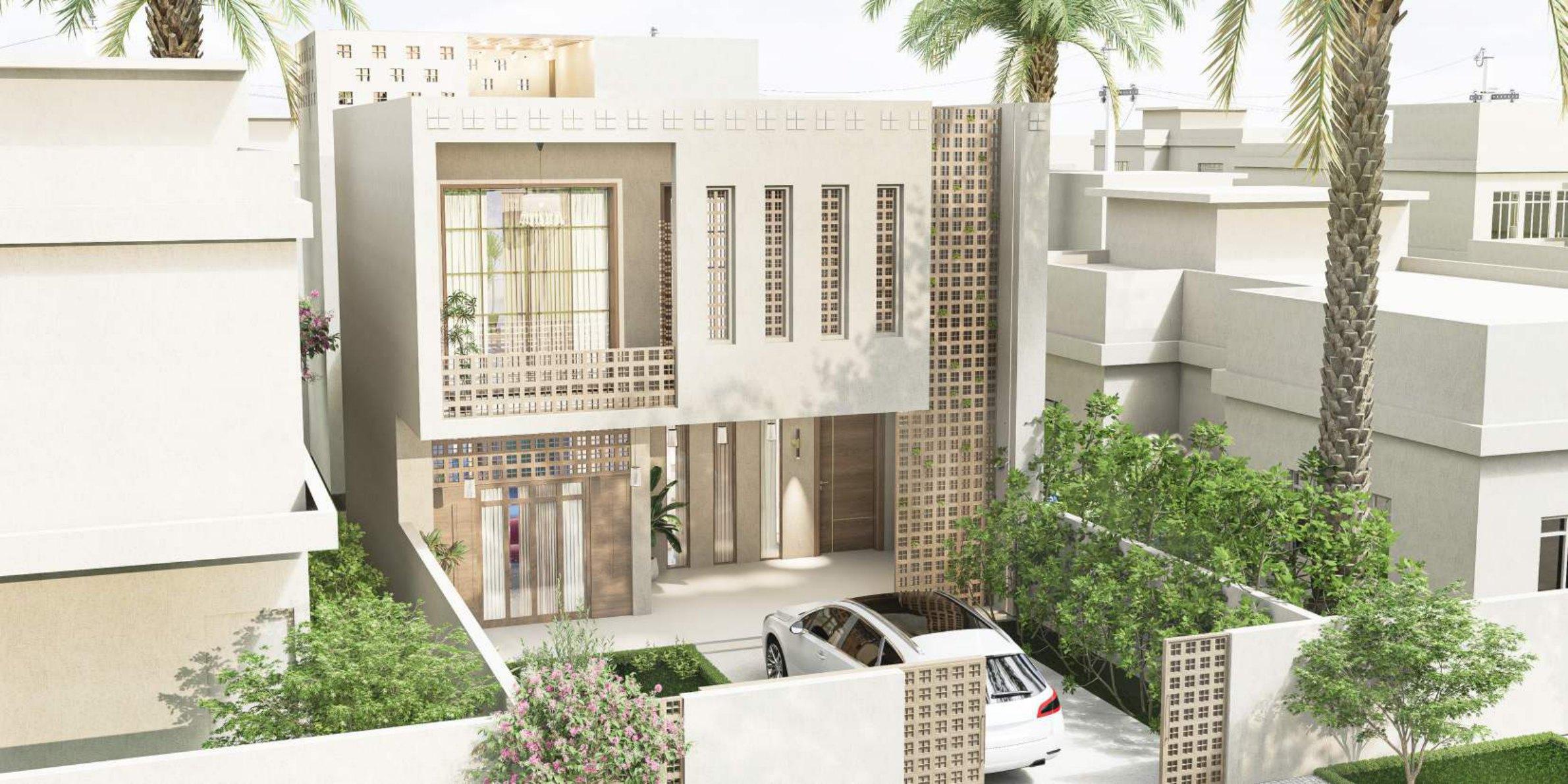 Street view of the house among palms