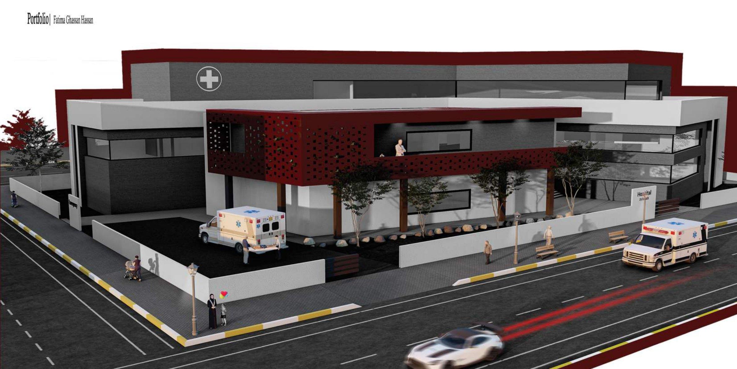 Street elevation with perforated red facade