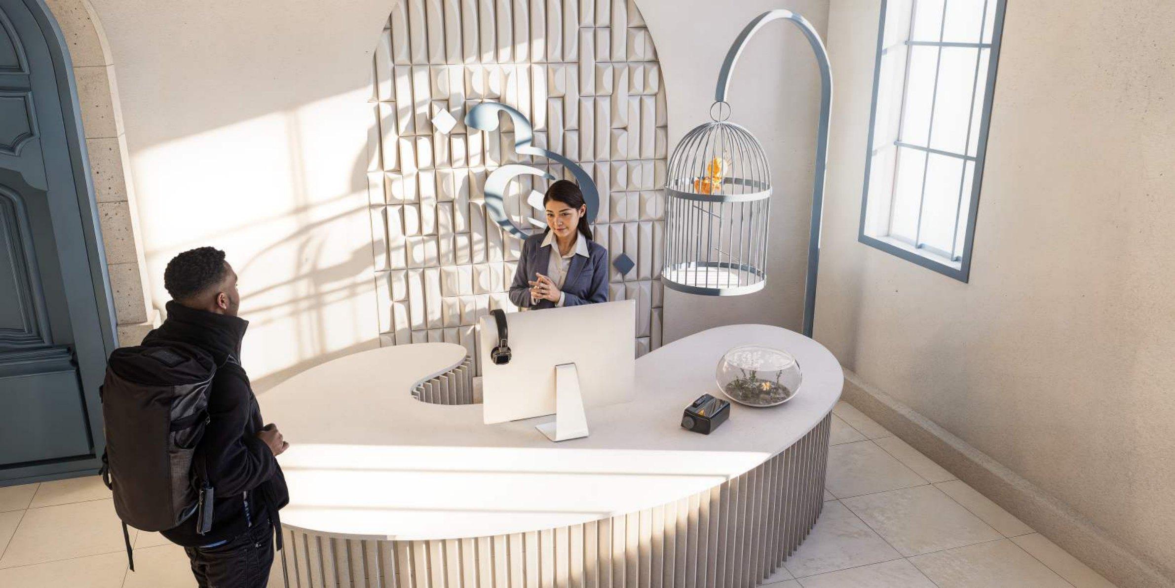 Reception desk with sculpted tile wall